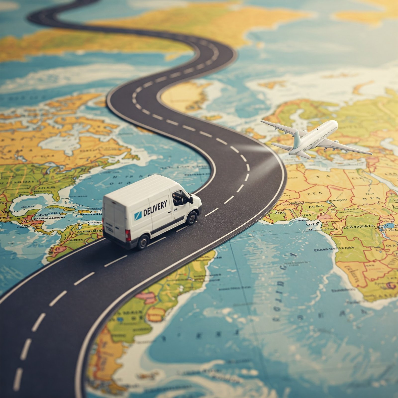 A SMALL DELIVERY CAR AND AN AIRPLANE PLYING ROADS ON THE WORLD MAP